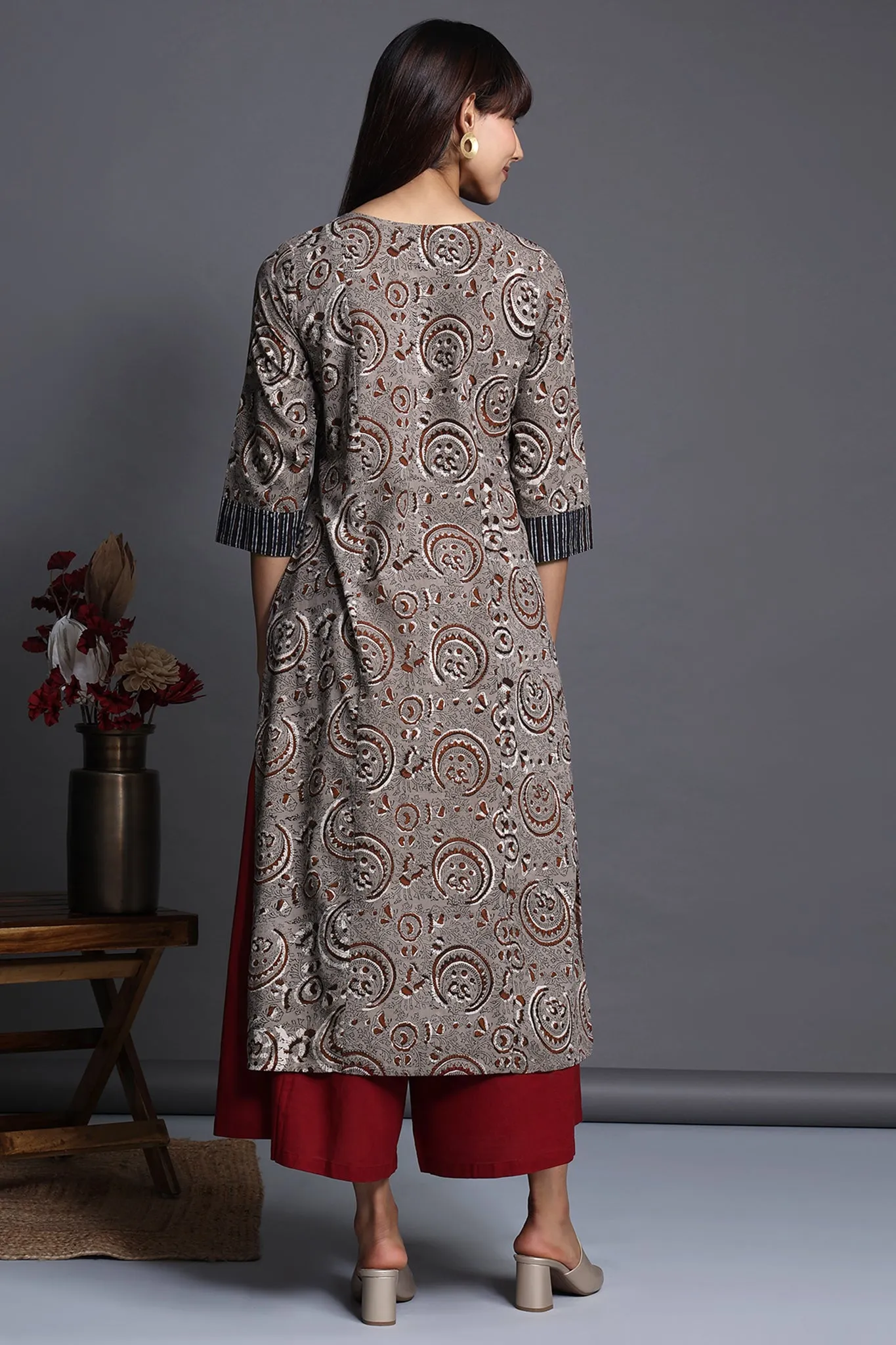 long kurta with yoke - ash petal & redwood hues