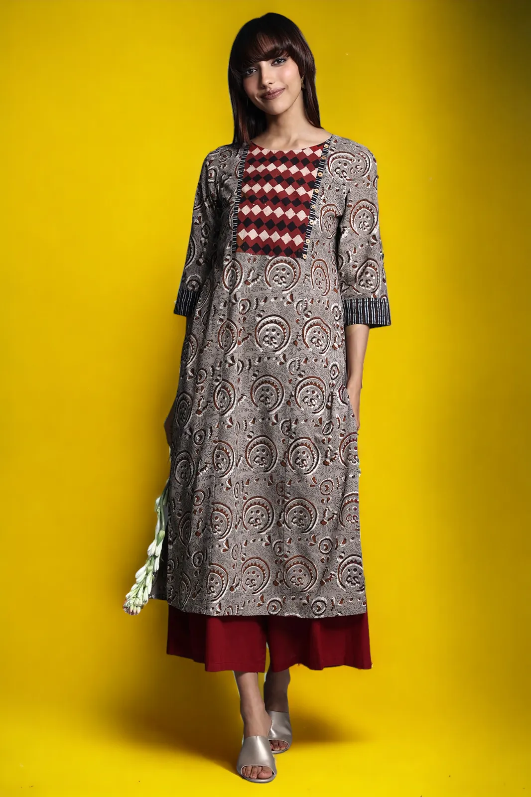 long kurta with yoke - ash petal & redwood hues