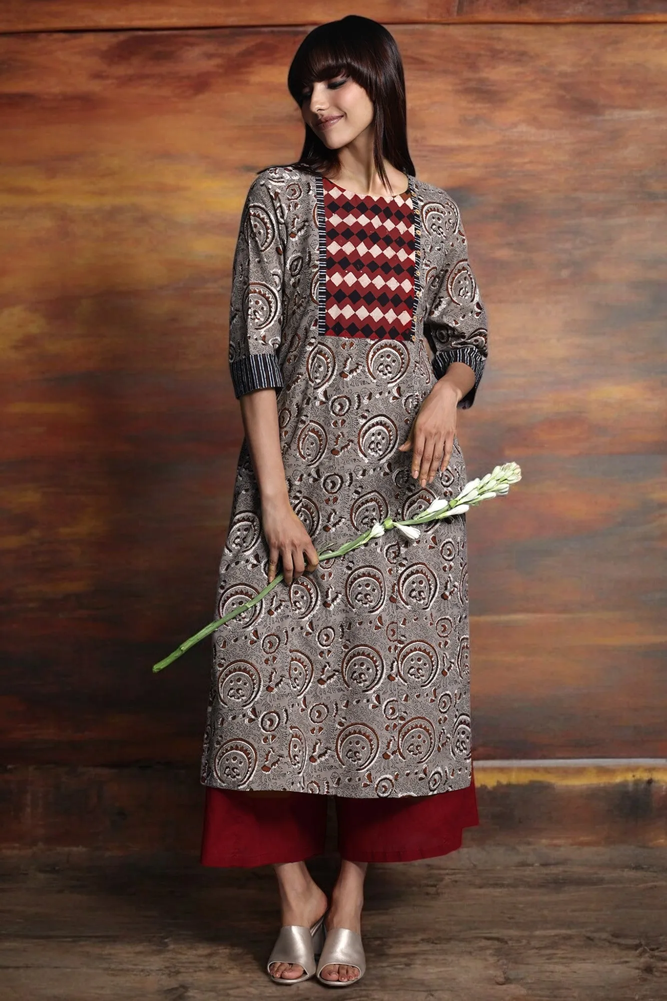 long kurta with yoke - ash petal & redwood hues