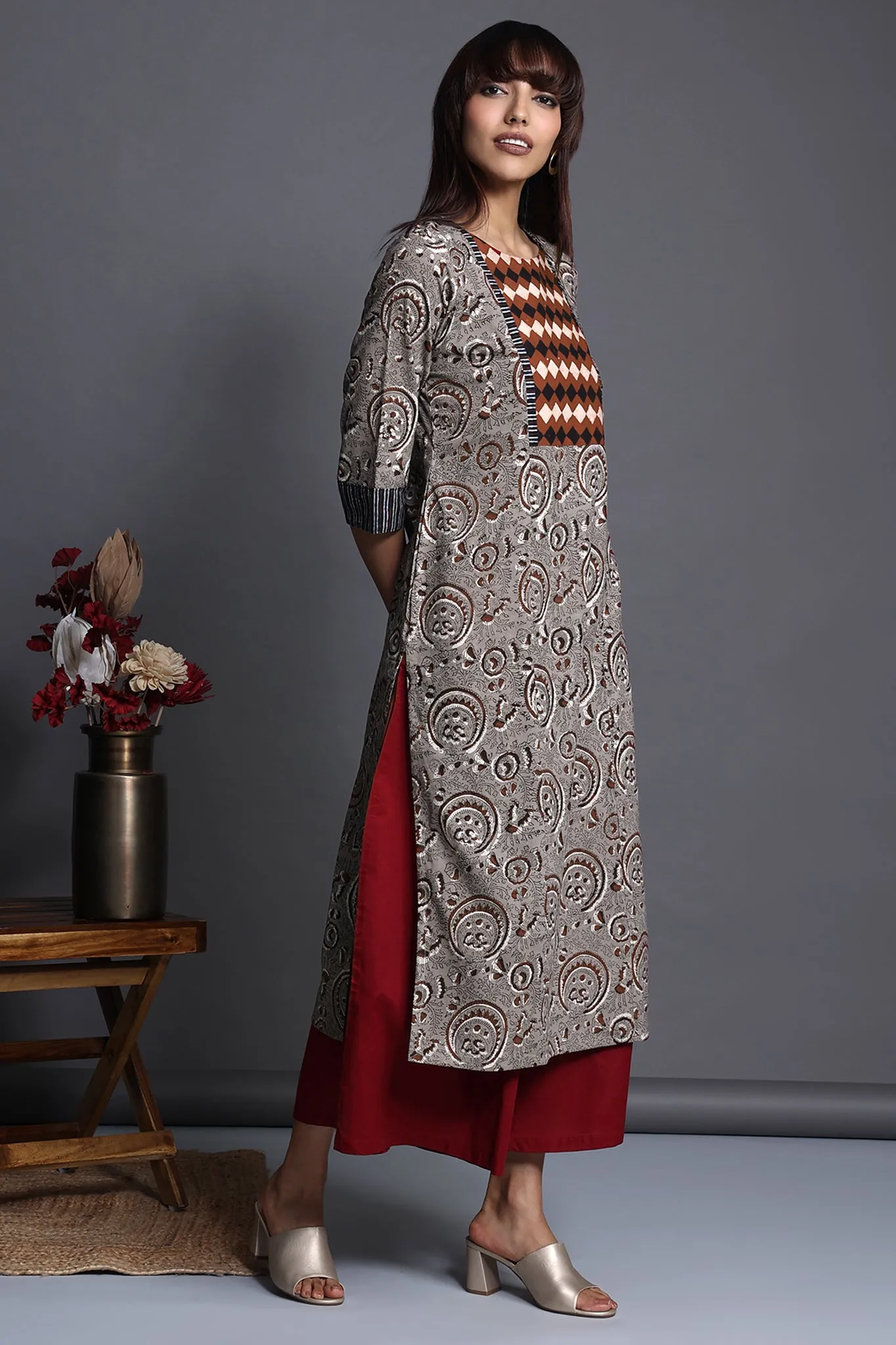 long kurta with yoke - ash petal & redwood hues