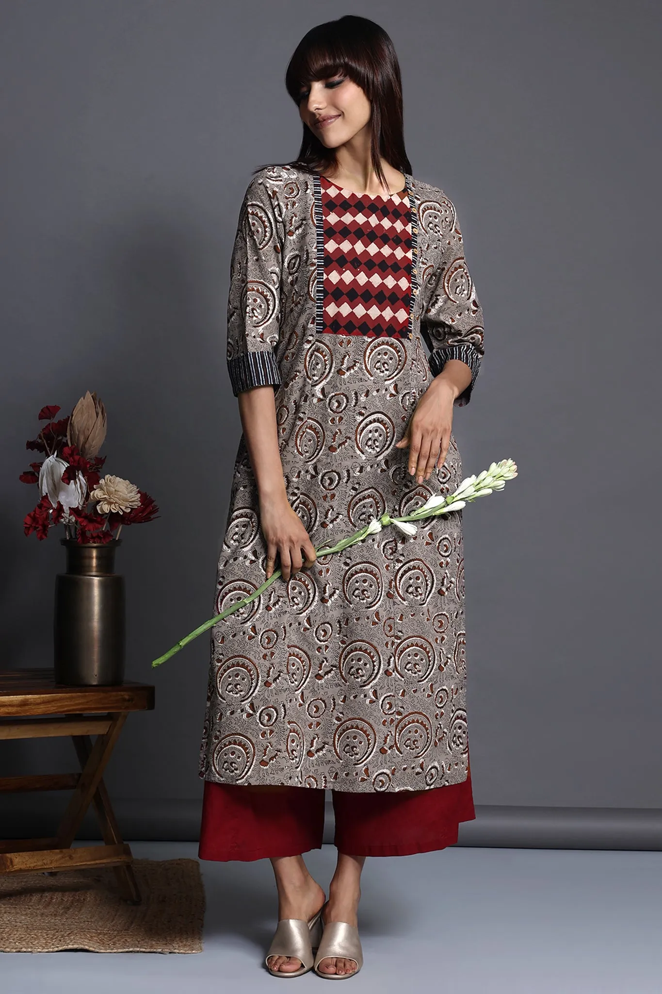 long kurta with yoke - ash petal & redwood hues