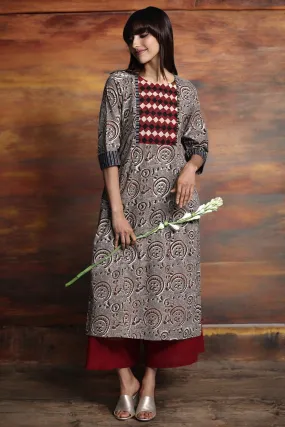 long kurta with yoke - ash petal & redwood hues