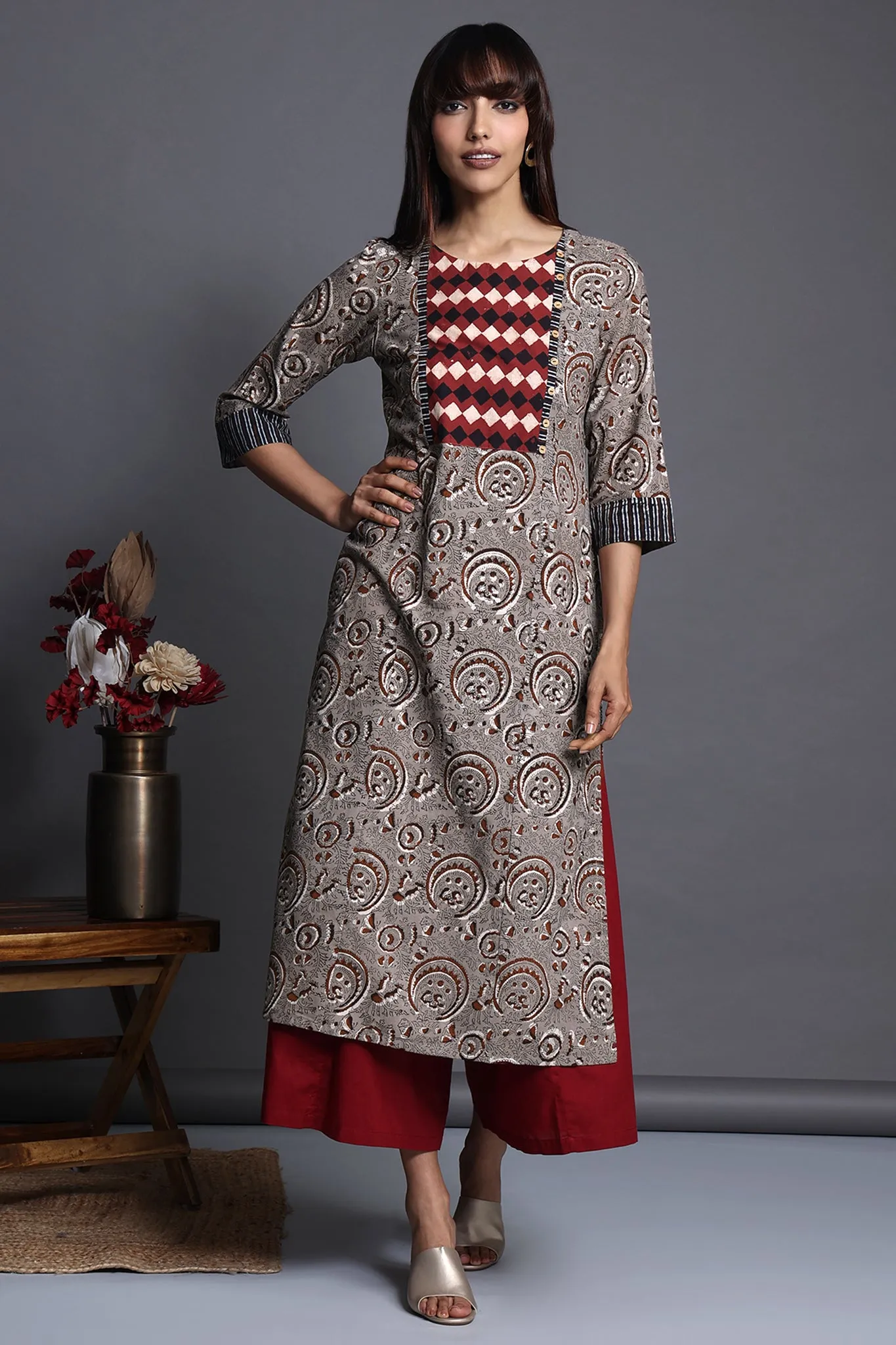 long kurta with yoke - ash petal & redwood hues