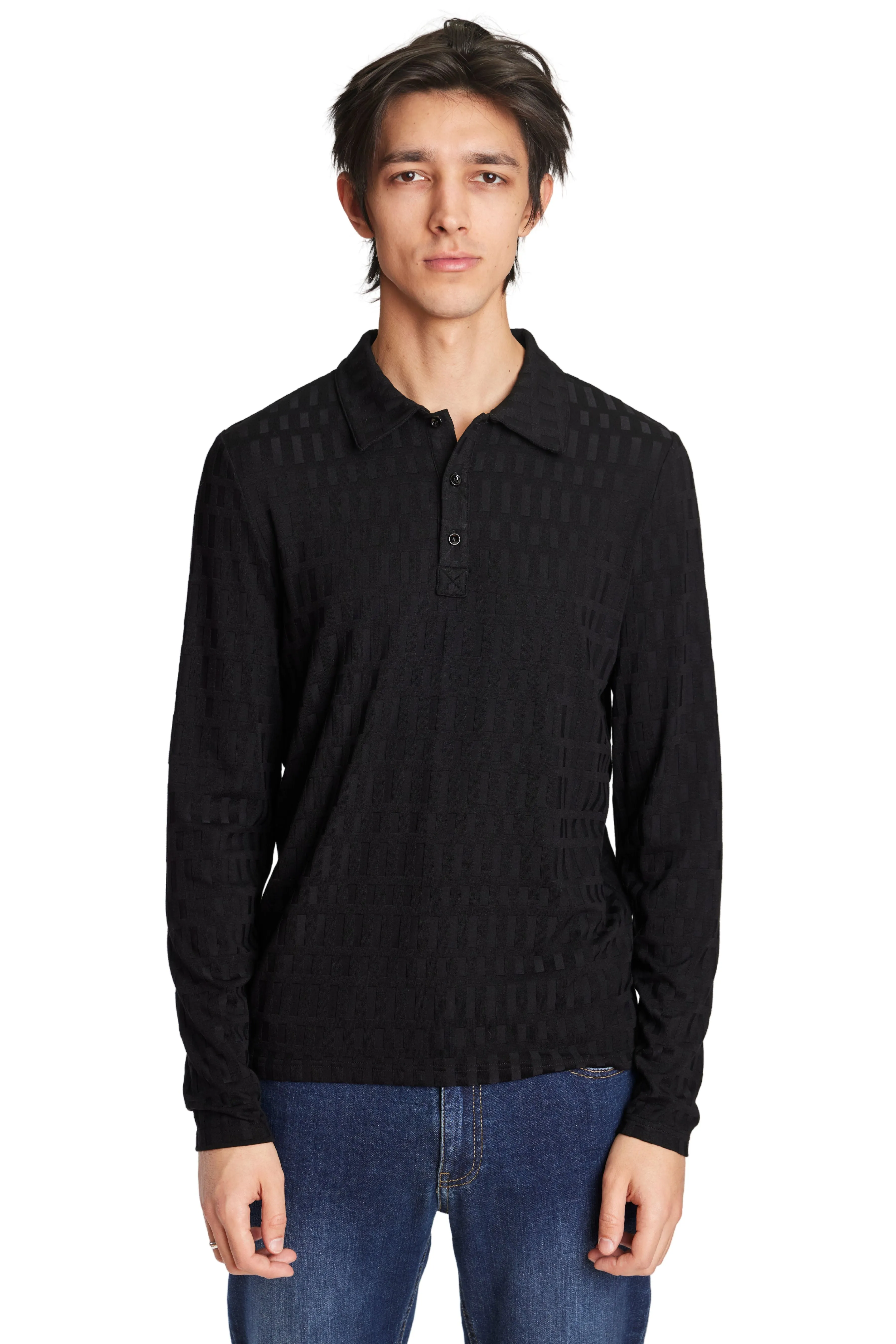 L/S Polo - Black Tonal Geo