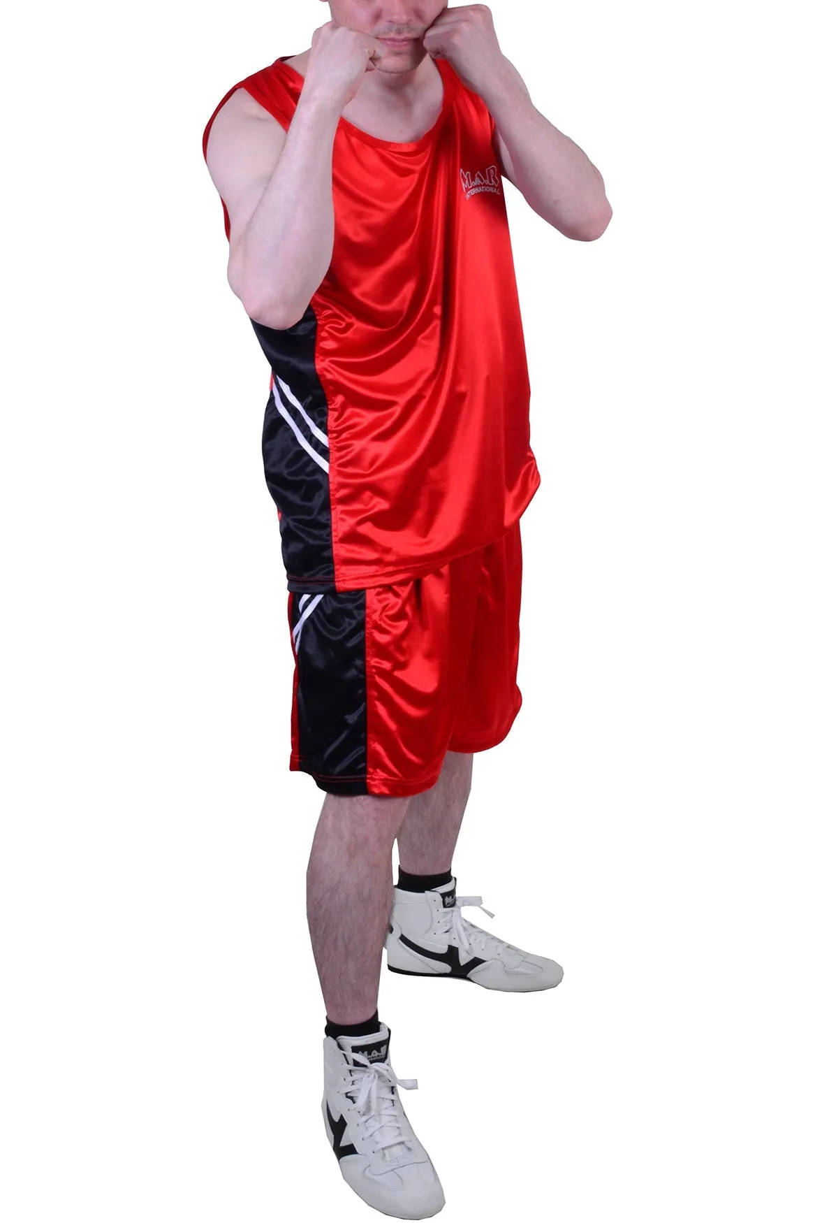 MAR-100B | Red & Black Boxing Shorts & Vest w/ White Lines