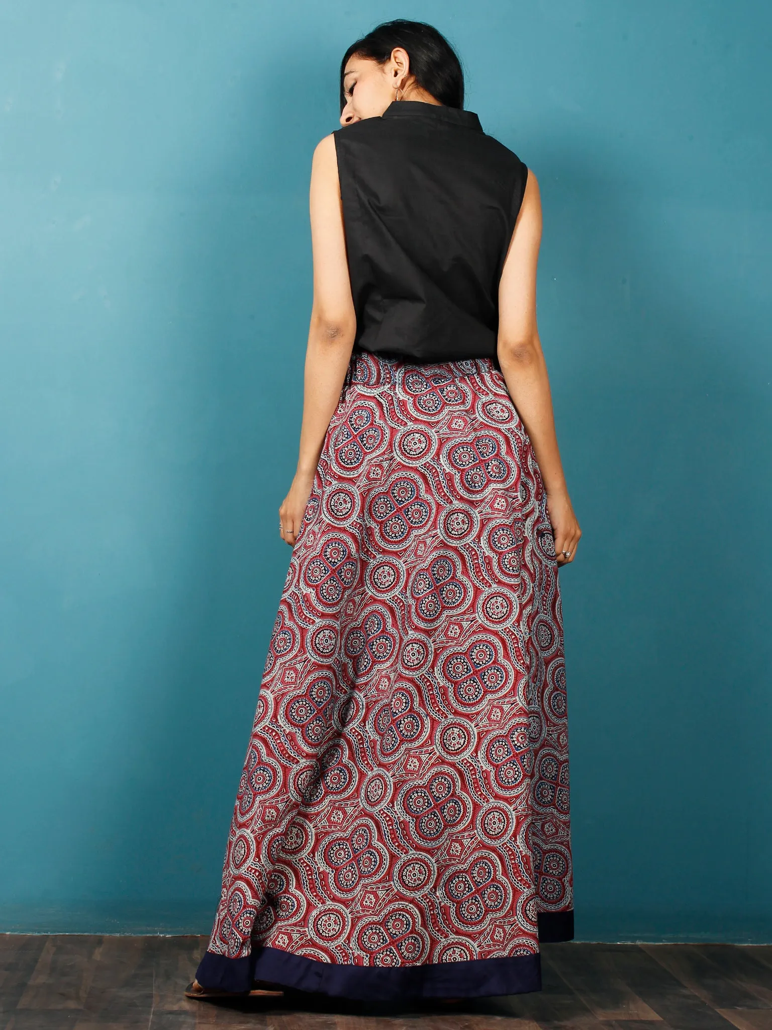 Maroon Indigo Black Hand Block Printed Skirt With Border - S40F682