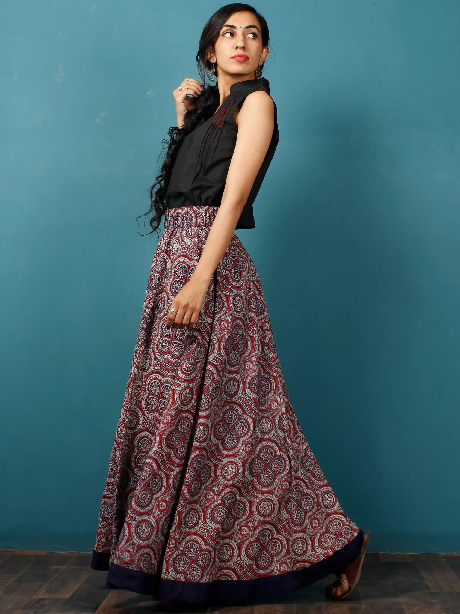 Maroon Indigo Black Hand Block Printed Skirt With Border - S40F682