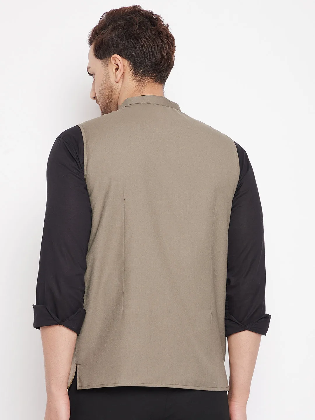 Men's Beige Color Woven Nehru Jacket - Even Apparels