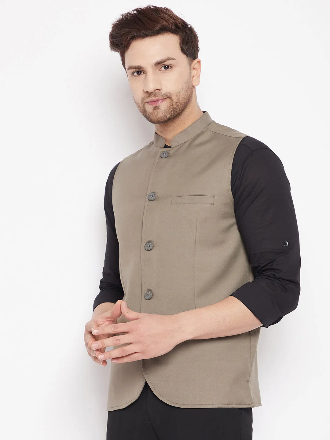 Men's Beige Color Woven Nehru Jacket - Even Apparels