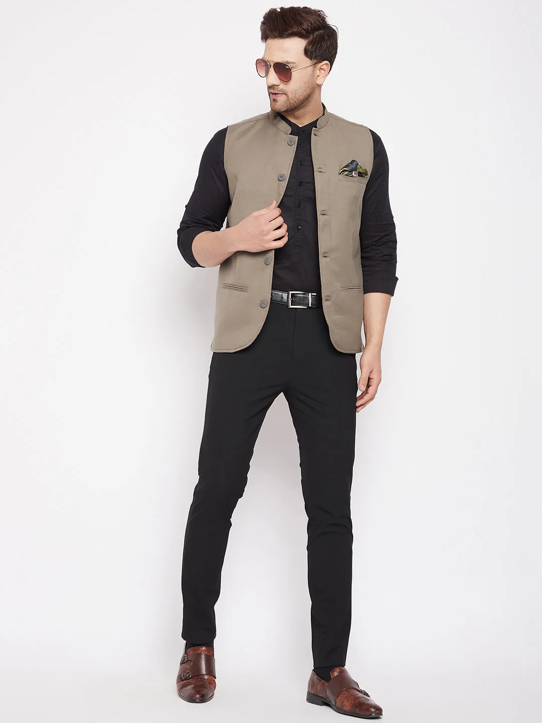 Men's Beige Color Woven Nehru Jacket - Even Apparels