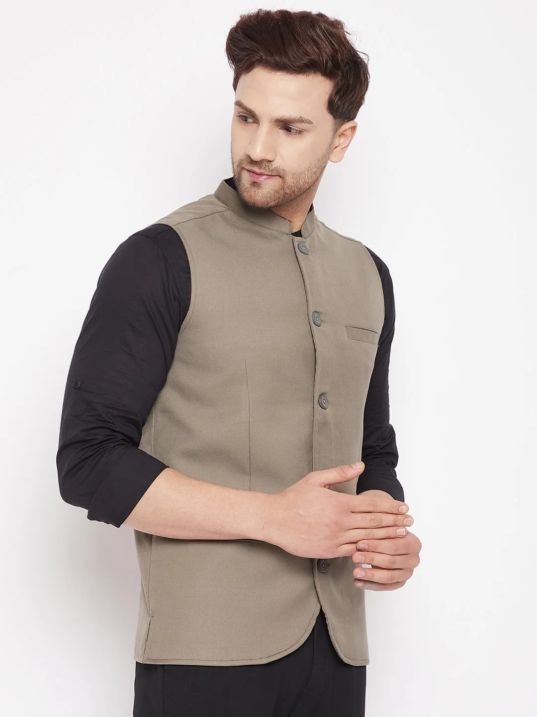 Men's Beige Color Woven Nehru Jacket - Even Apparels