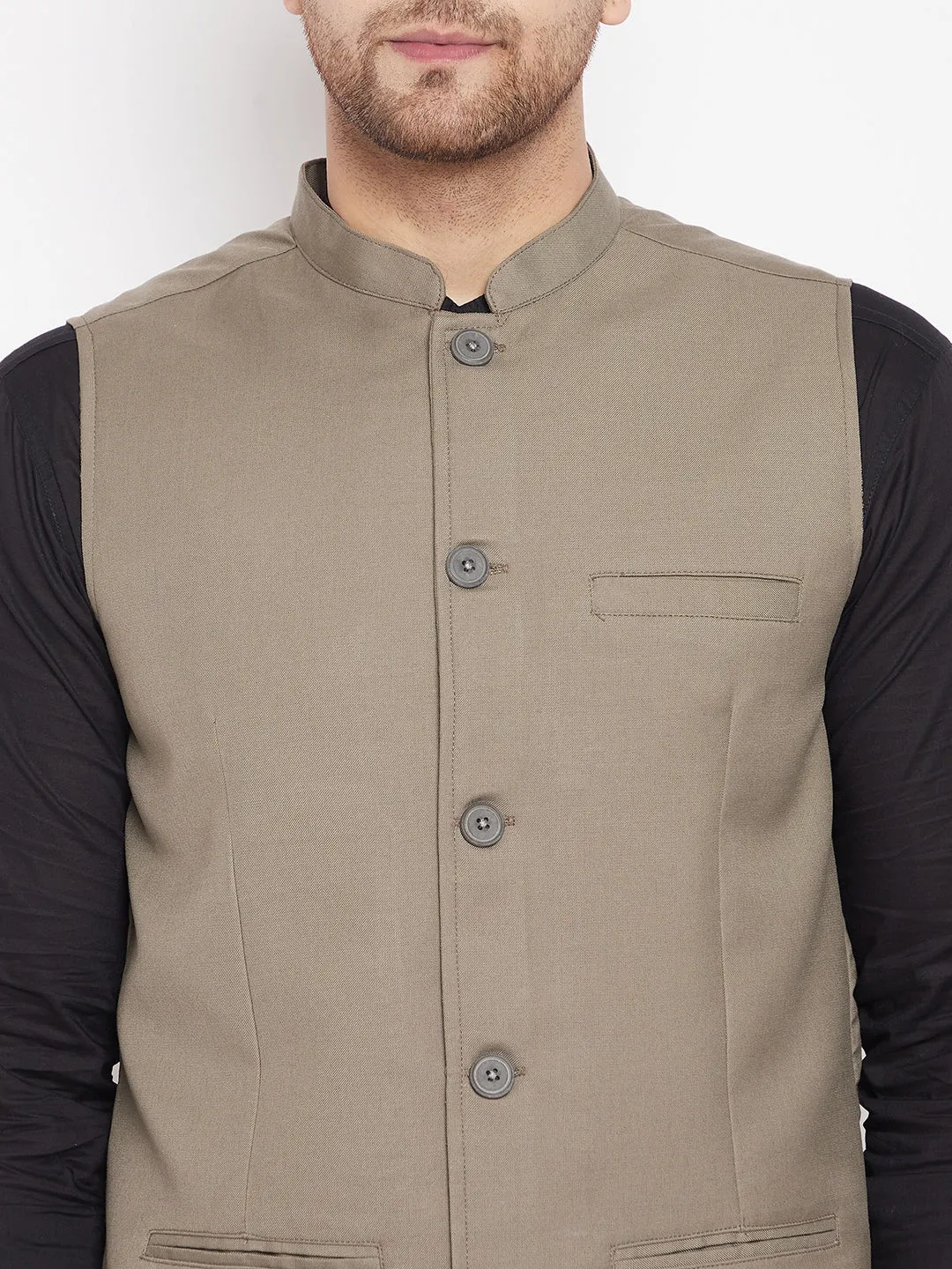 Men's Beige Color Woven Nehru Jacket - Even Apparels