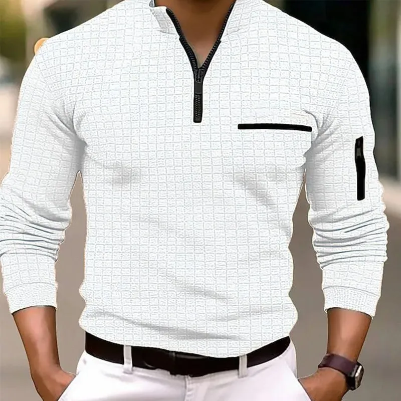 Men's Checkered Polo Zip-up Collared Shirt