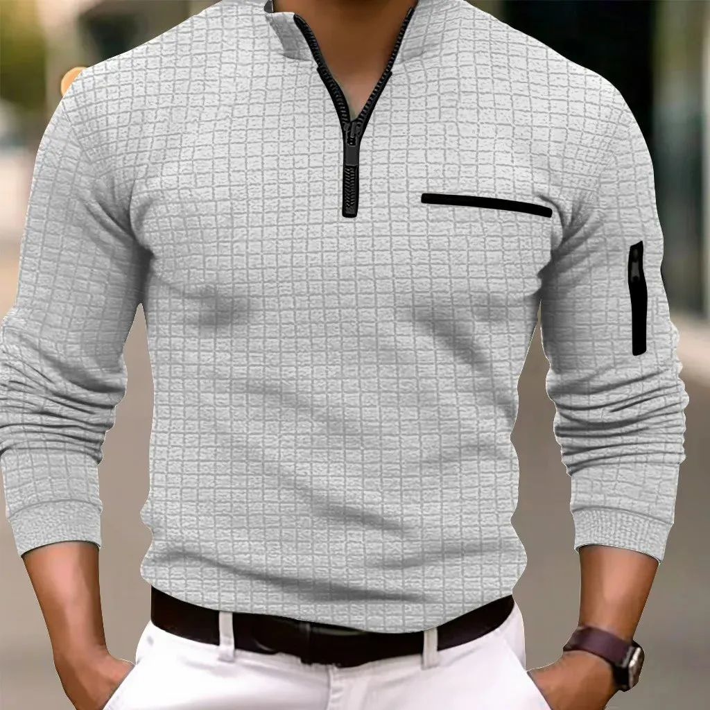 Men's Checkered Polo Zip-up Collared Shirt