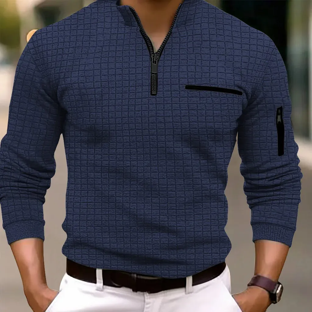 Men's Checkered Polo Zip-up Collared Shirt