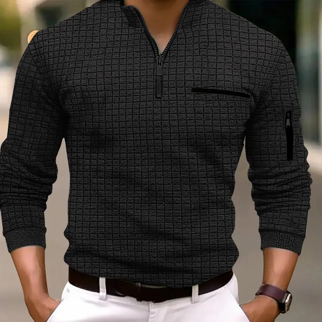 Men's Checkered Polo Zip-up Collared Shirt