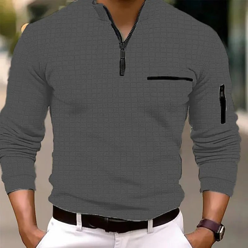 Men's Checkered Polo Zip-up Collared Shirt