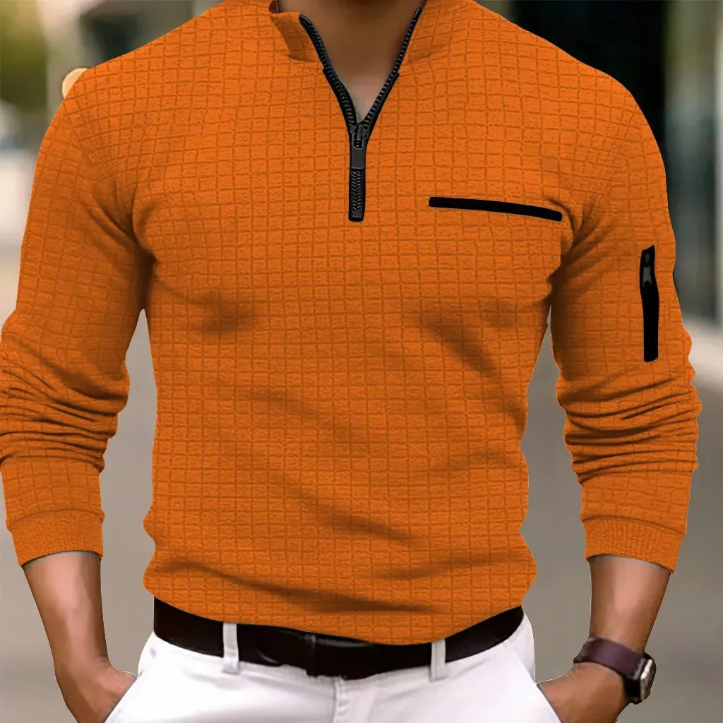 Men's Checkered Polo Zip-up Collared Shirt