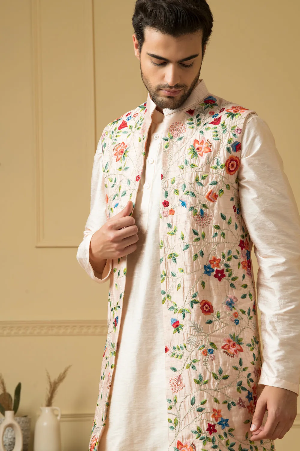 Men's Long Floral Embroidered Nehru Jacket Set - Hilo Design