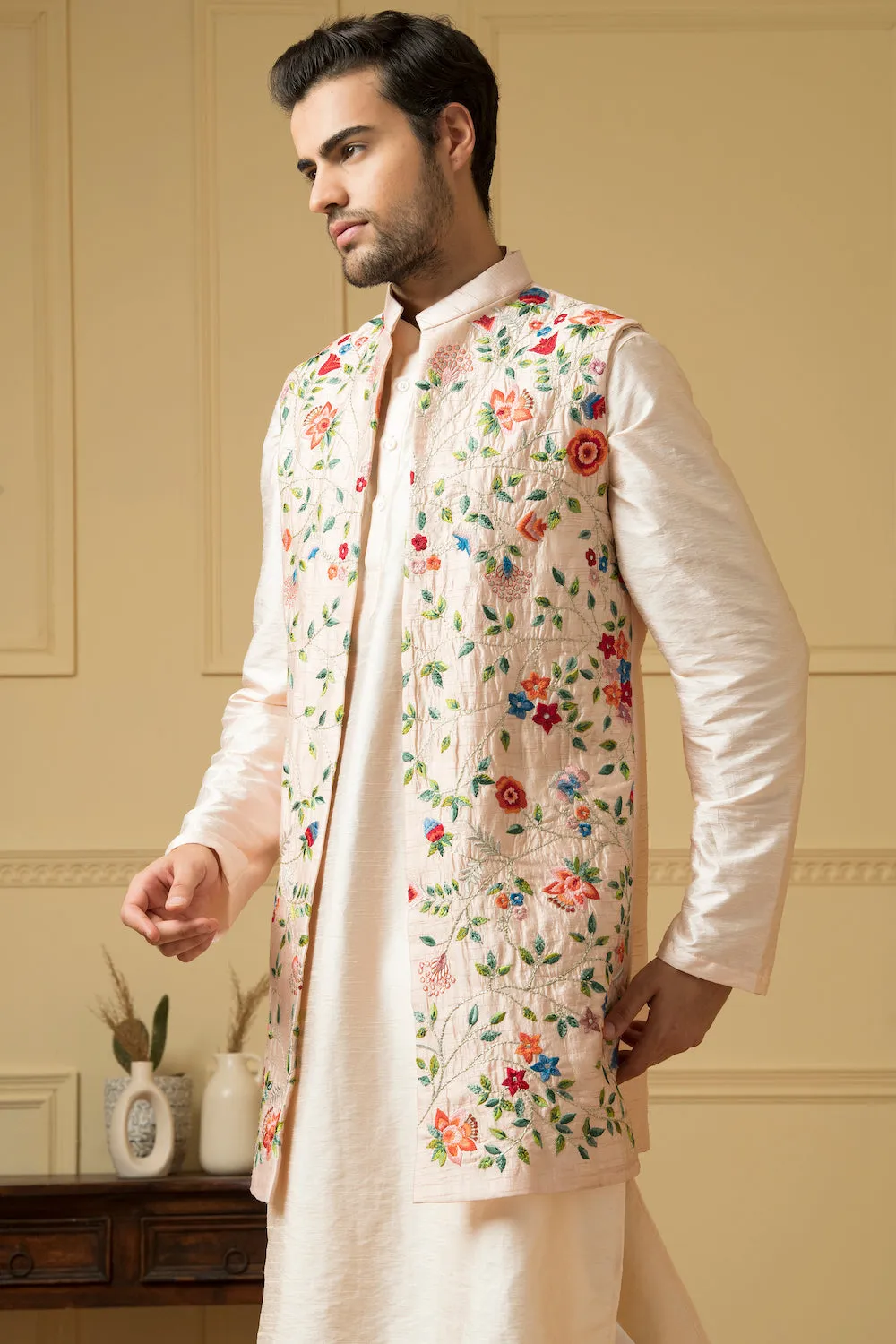 Men's Long Floral Embroidered Nehru Jacket Set - Hilo Design