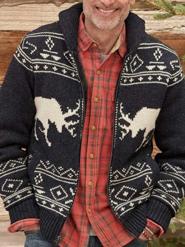 Men's Moose Print Knit Cardigan