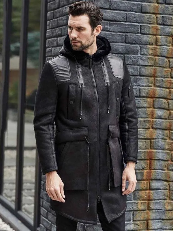 Men's Winter Shearling Fur Black Leather Long Trench Coat Outerwear