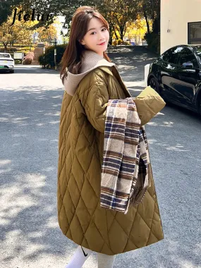 Metaversmall Diamond Plaid Cotton Padded Jacket for Women White Parkas New Detachable Knitted Hat Knee Length Coffee Pink Coat S-L