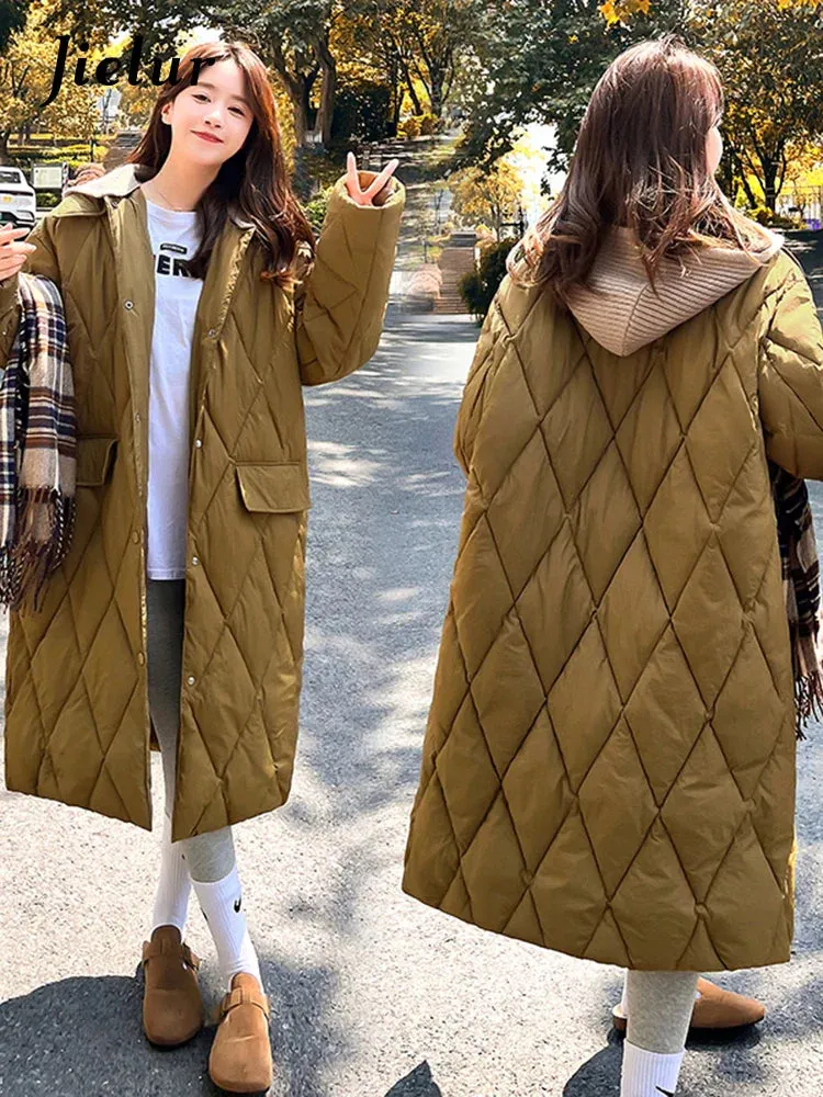 Metaversmall Diamond Plaid Cotton Padded Jacket for Women White Parkas New Detachable Knitted Hat Knee Length Coffee Pink Coat S-L