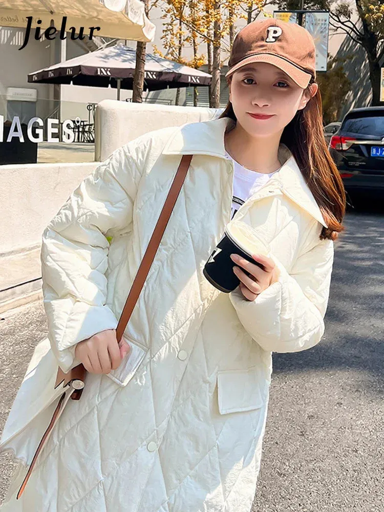 Metaversmall Diamond Plaid Cotton Padded Jacket for Women White Parkas New Detachable Knitted Hat Knee Length Coffee Pink Coat S-L