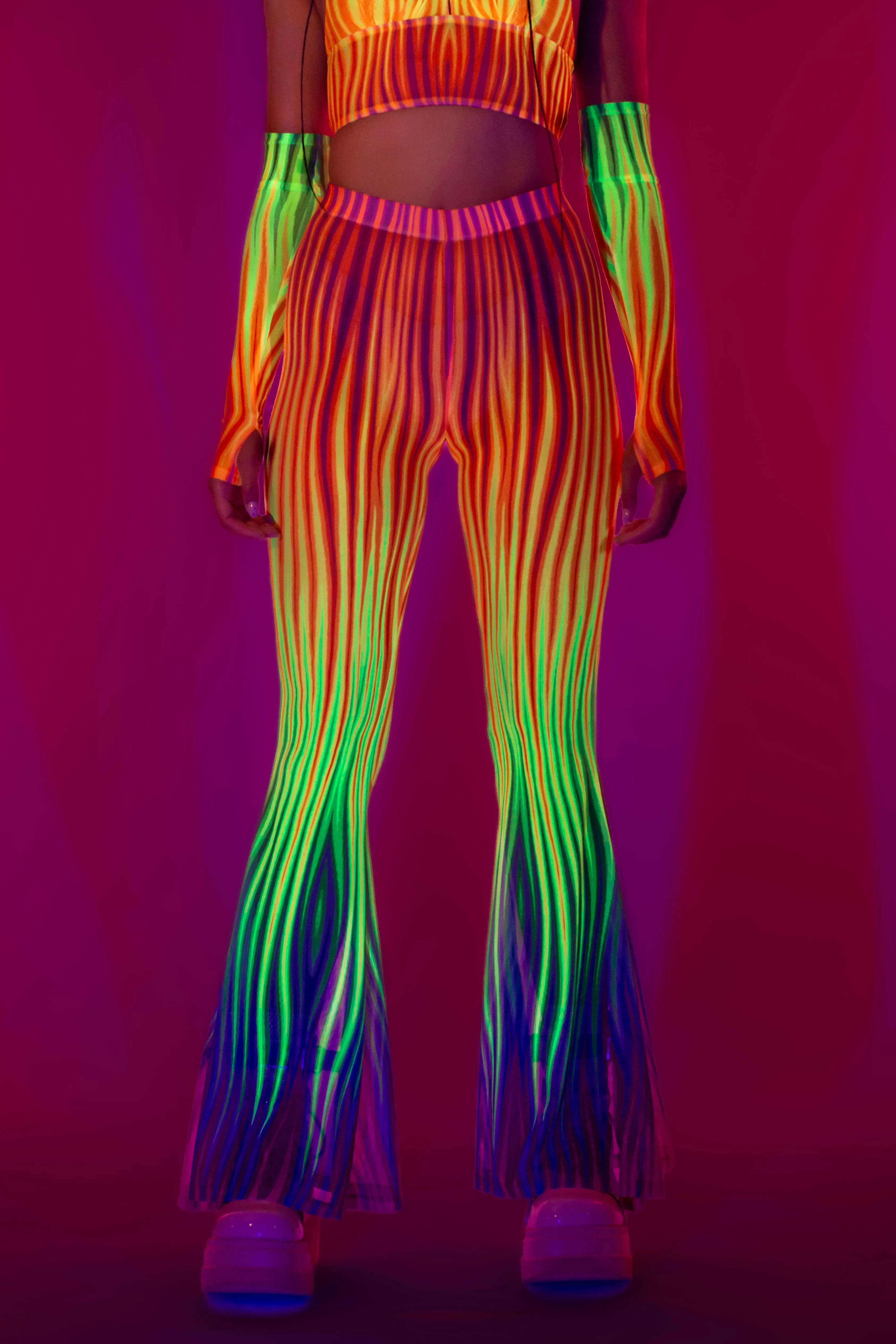 Neon Rainbow Flame Bell Bottom Mesh Pants