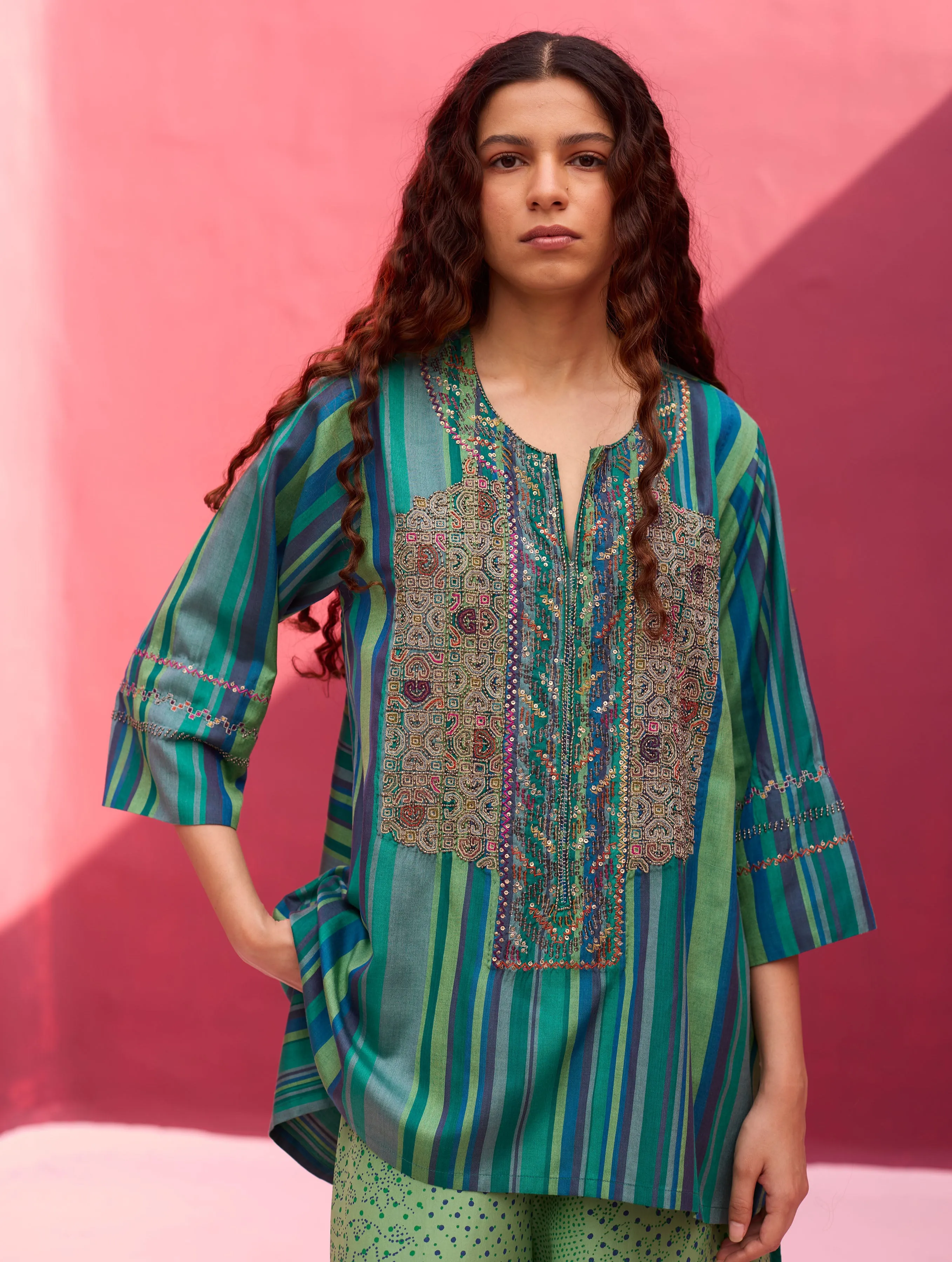 Olena Hand-Embroidered Silk Kurta Set - Peacock