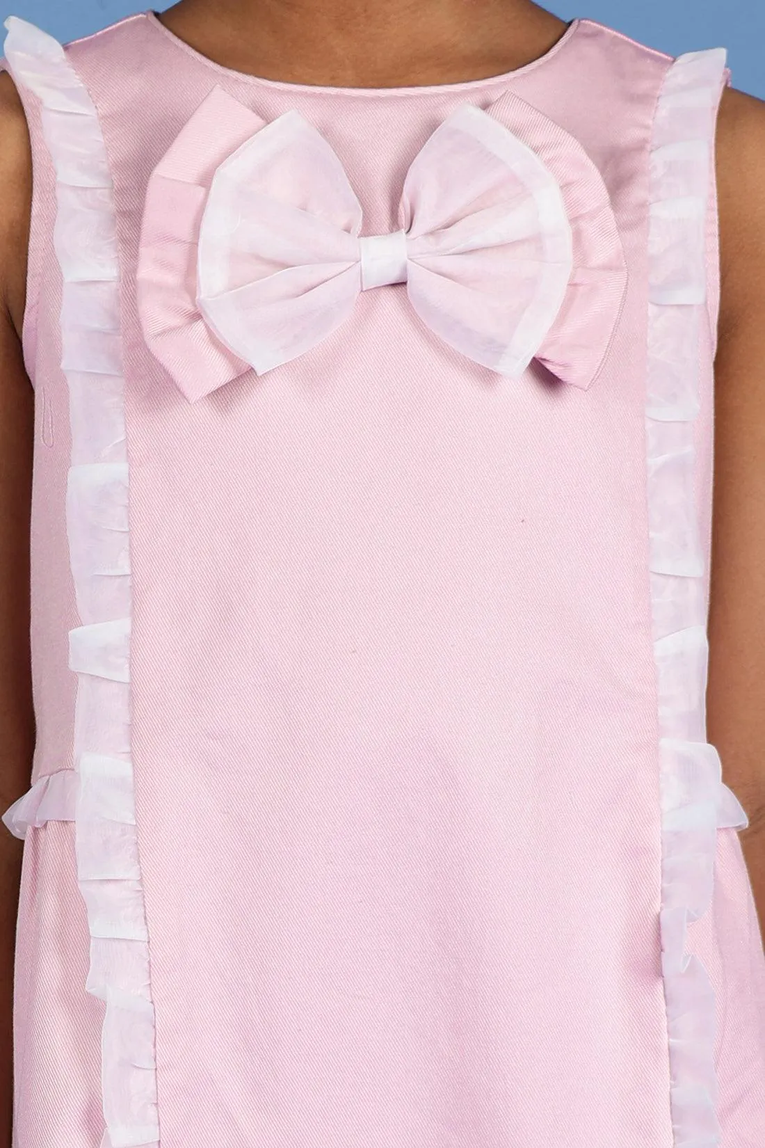 One Friday Kids Girls Pink Cotton Sleeveless Dress With Frills & Bow