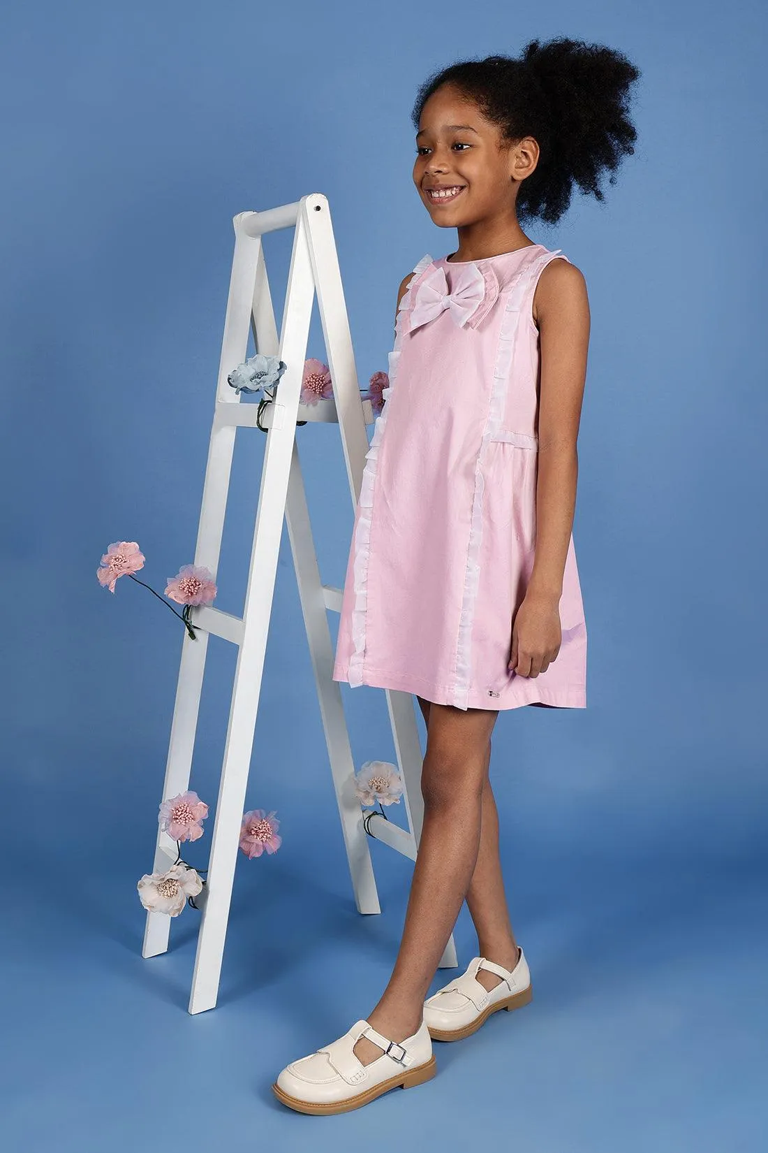 One Friday Kids Girls Pink Cotton Sleeveless Dress With Frills & Bow