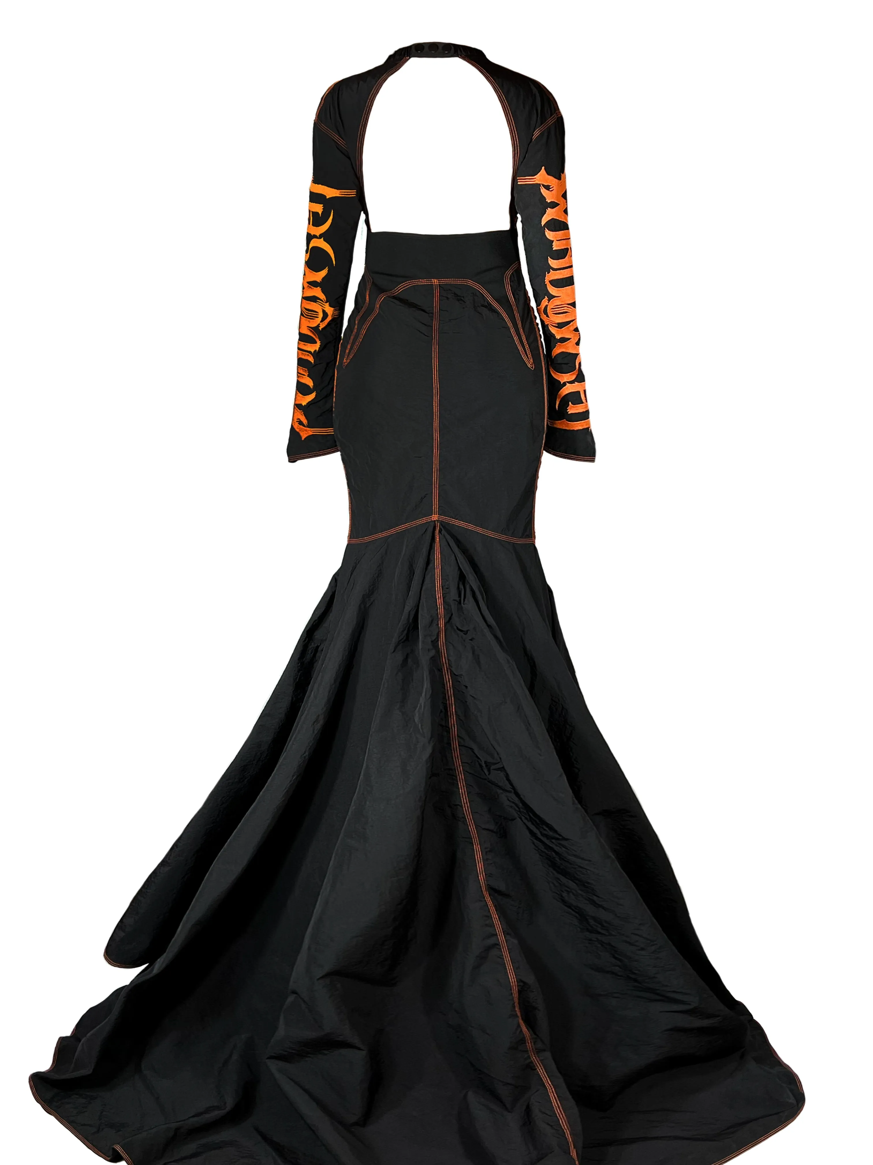 PANELED BACKLESS LONG DRESS WITH EMBROIDERED LOGO