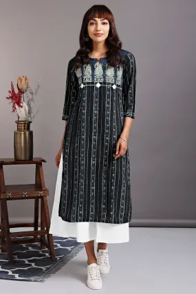 patchwork long kurta - indigo brilliance & bonsai tint