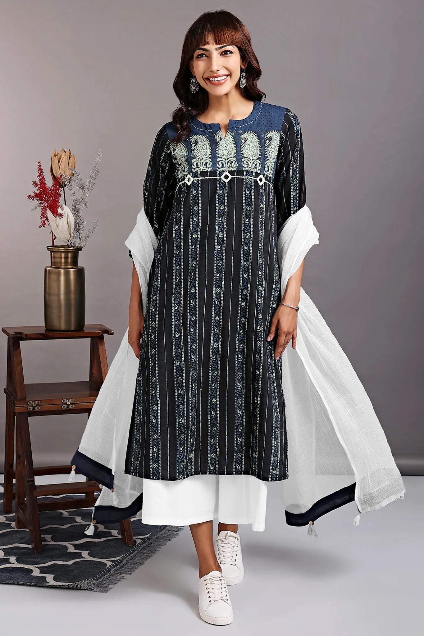 patchwork long kurta - indigo brilliance & bonsai tint