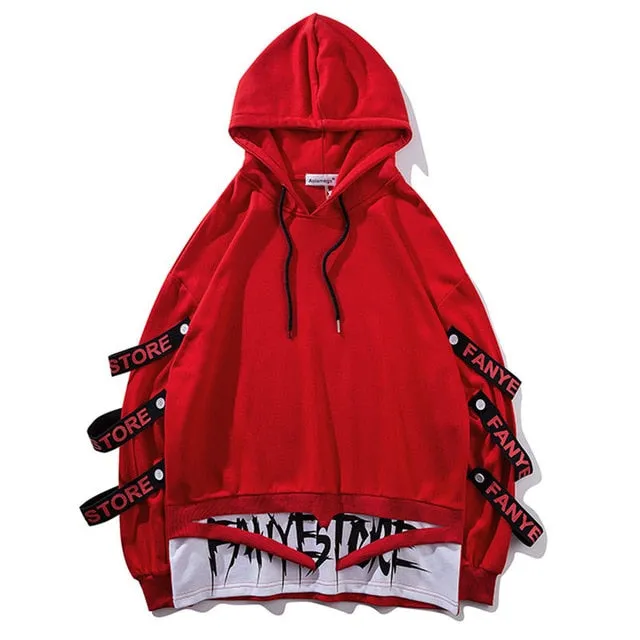 Patchwork Straps Hip Hop Hooded Pullover Sweatshirt