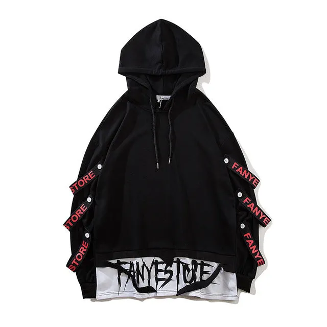 Patchwork Straps Hip Hop Hooded Pullover Sweatshirt