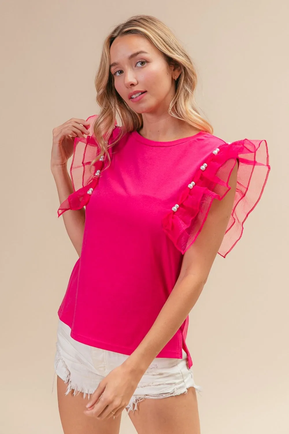 Pearl Decor Mesh Ruffle Sleeve Top