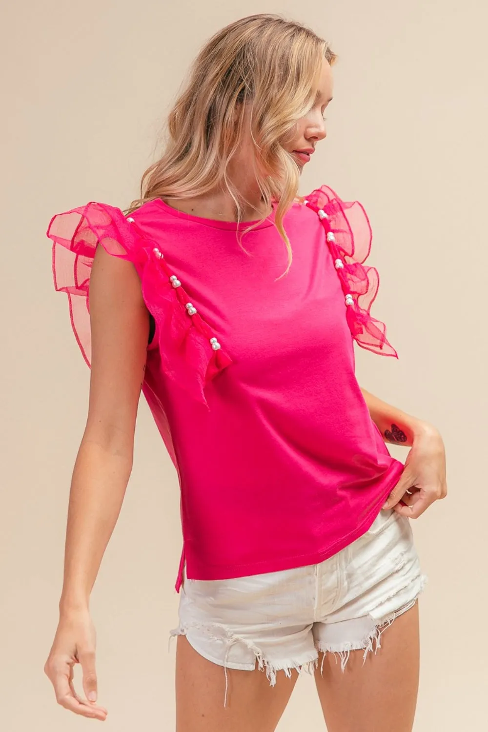 Pearl Decor Mesh Ruffle Sleeve Top