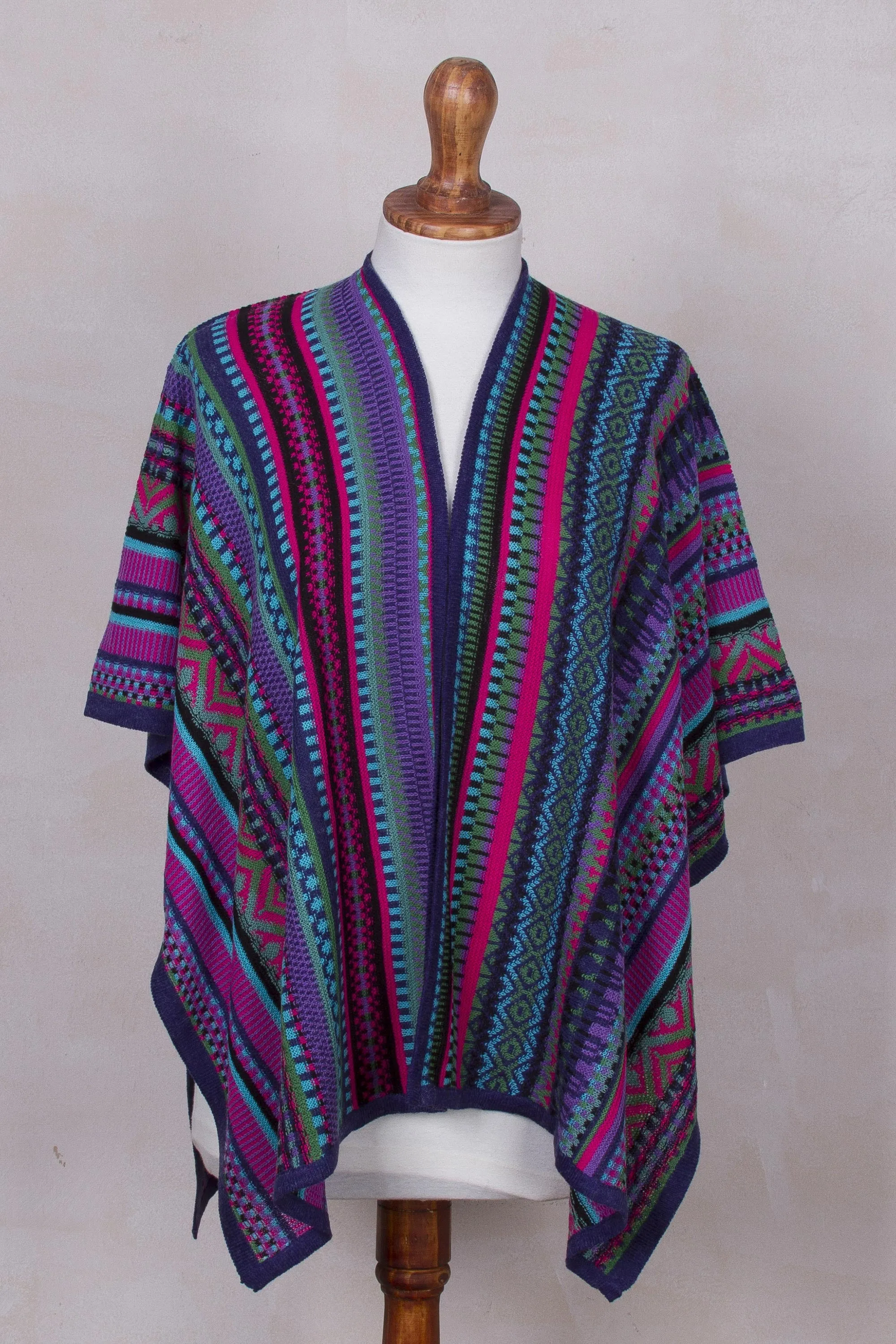 Peruvian Multicolored Acrylic and Alpaca Blend Ruana Kimono - Peruvian Rainbow | NOVICA