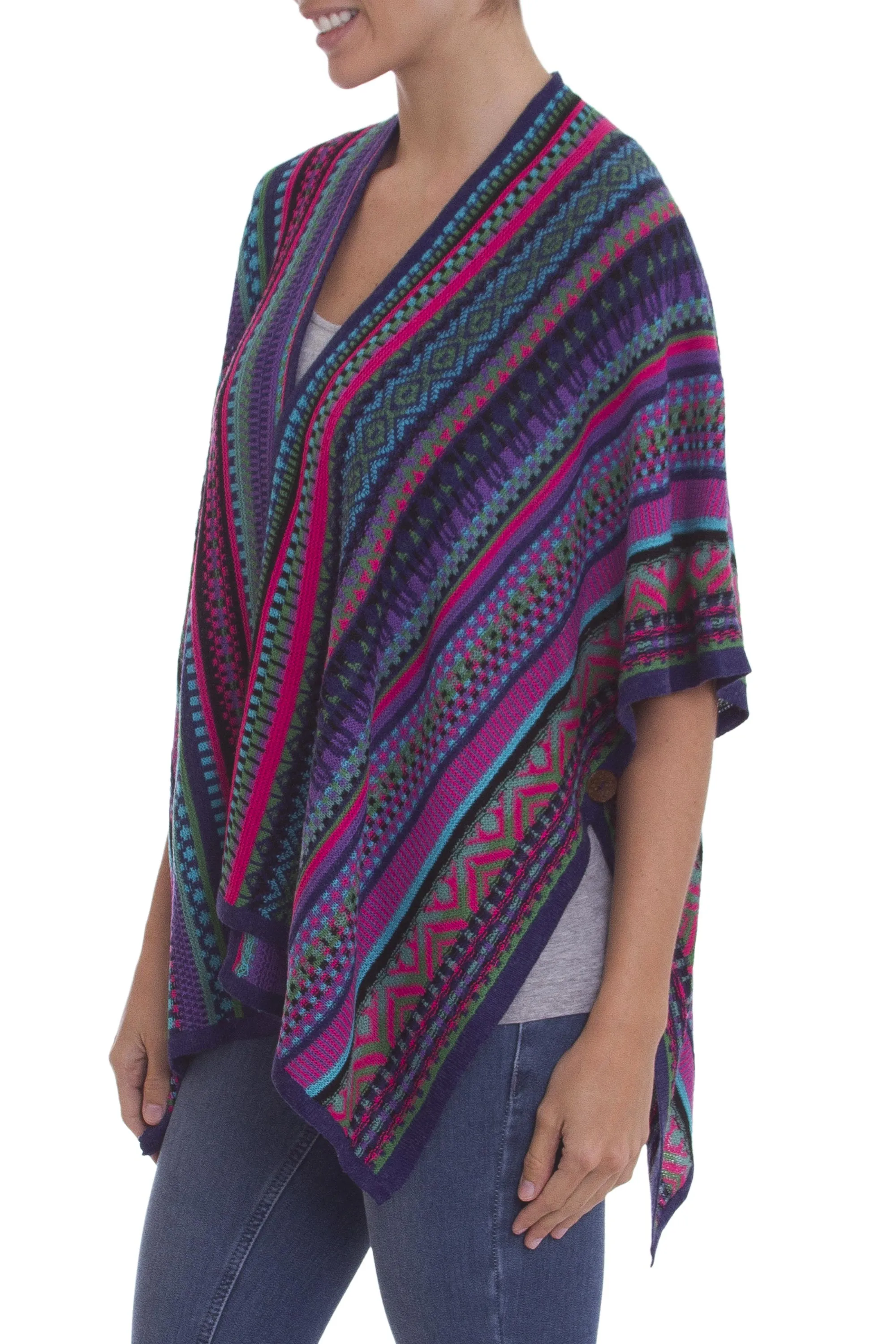 Peruvian Multicolored Acrylic and Alpaca Blend Ruana Kimono - Peruvian Rainbow | NOVICA