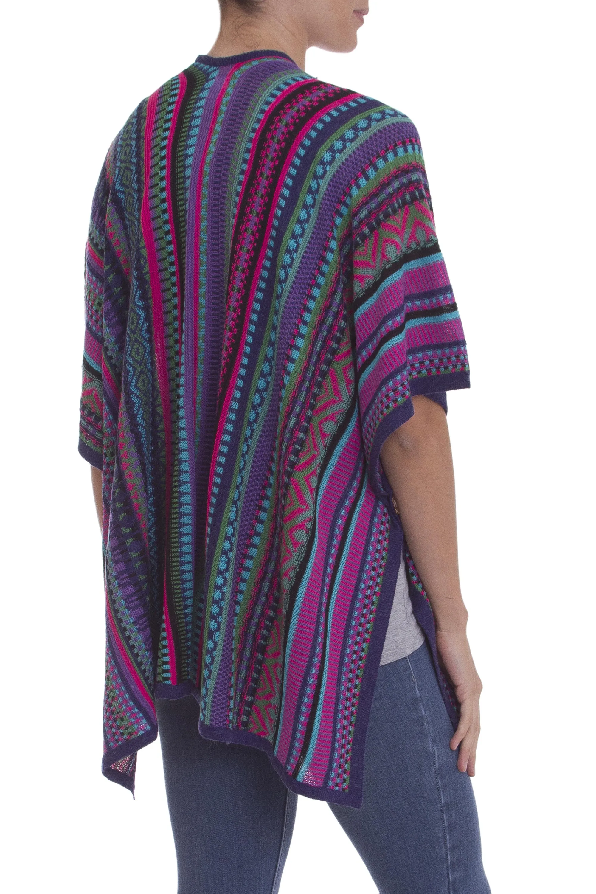 Peruvian Multicolored Acrylic and Alpaca Blend Ruana Kimono - Peruvian Rainbow | NOVICA