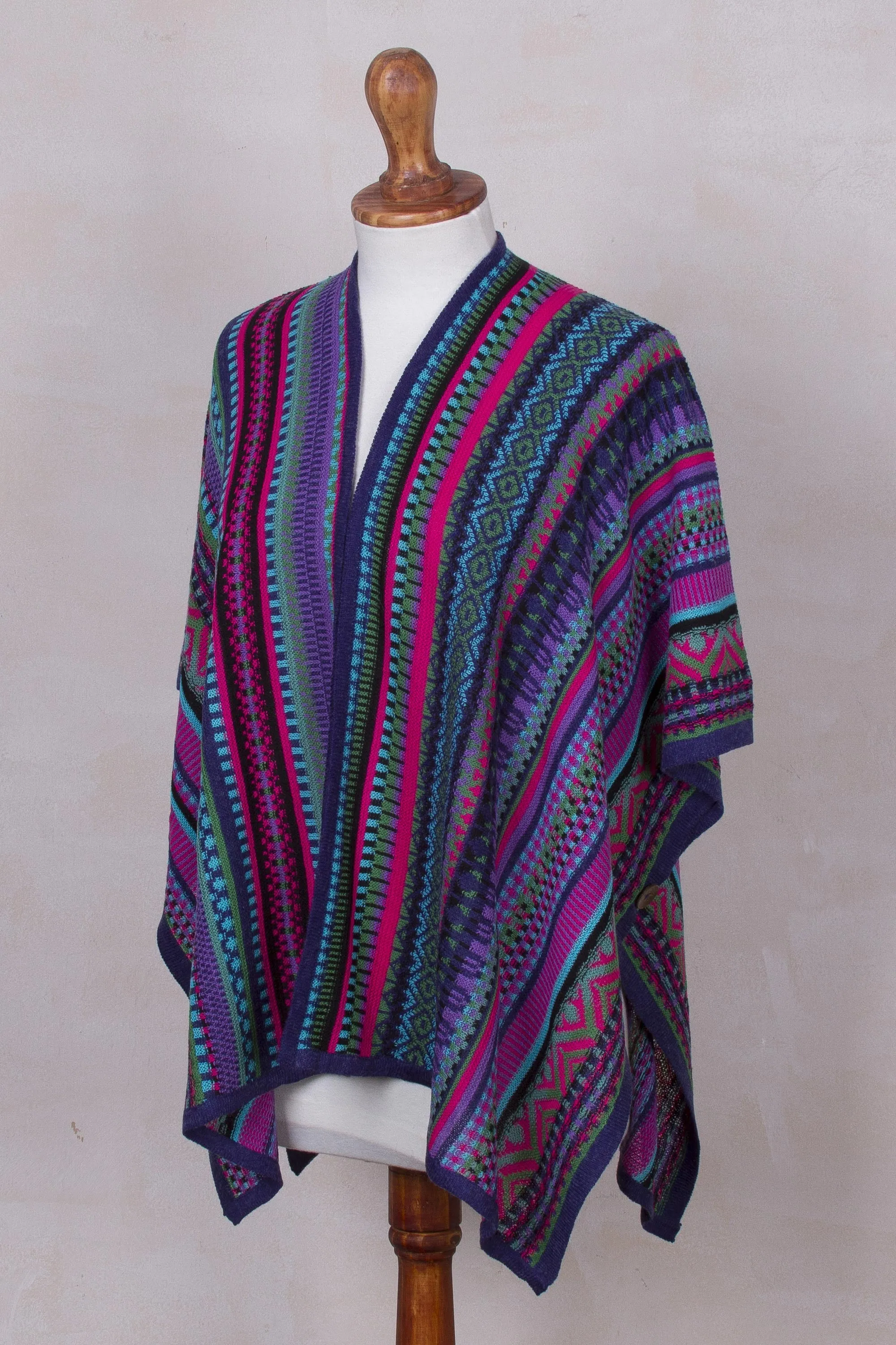 Peruvian Multicolored Acrylic and Alpaca Blend Ruana Kimono - Peruvian Rainbow | NOVICA