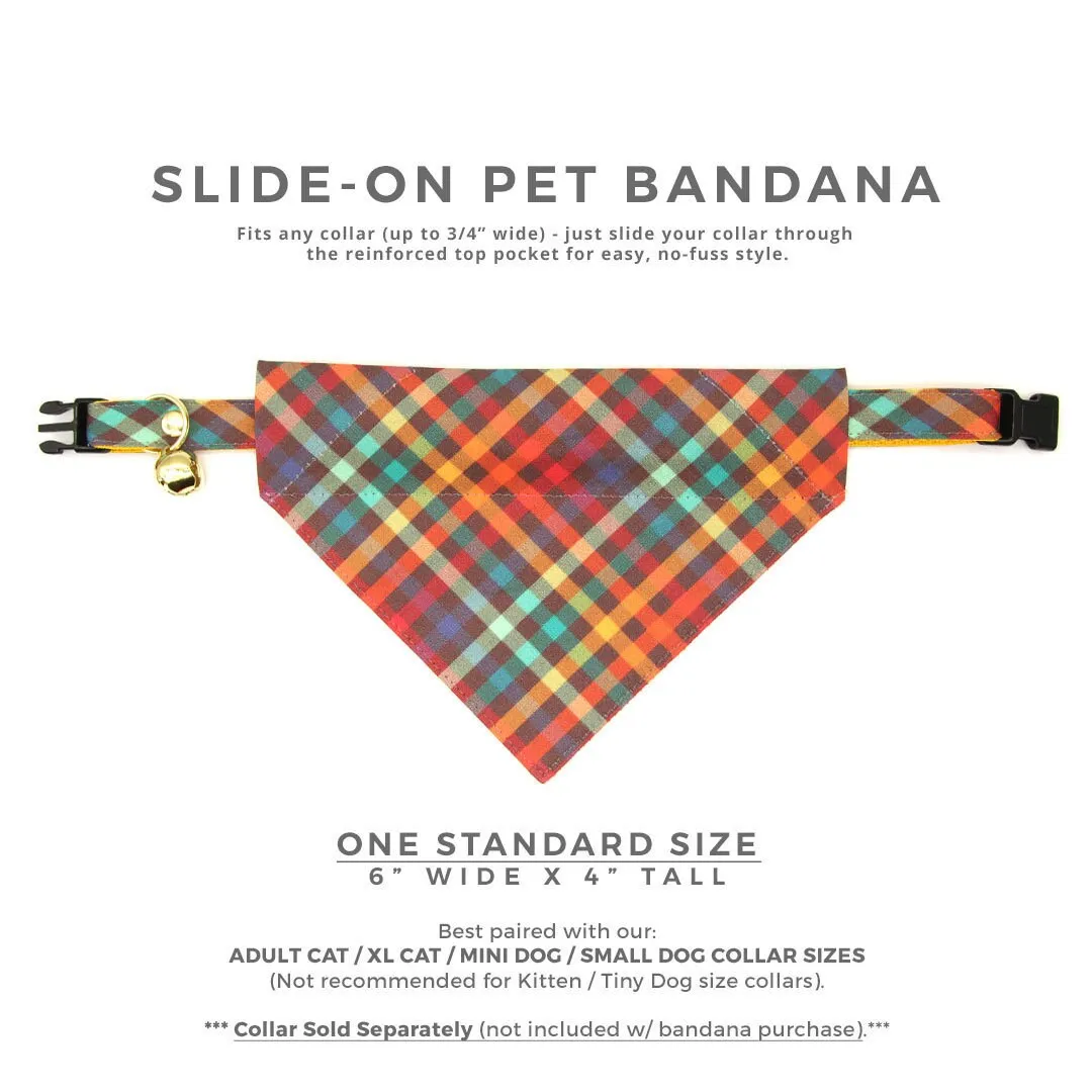 Pet Bandana - "Campfire" - Smoky Rainbow Plaid Bandana for Cat   Small Dog / Wedding, Fall, Autumn, Thanksgiving / Slide-on Bandana / Over-the-Collar (One Size)