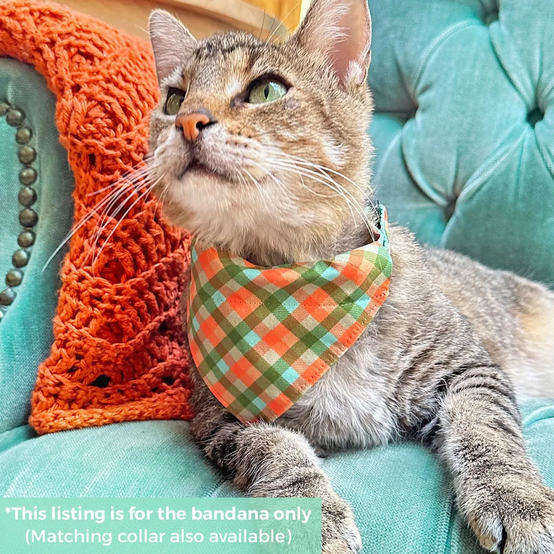 Pet Bandana - "Scenic Route" - Aqua, Green & Orange Plaid Bandana for Cat   Small Dog / Slide-on Bandana / Over-the-Collar (One Size)