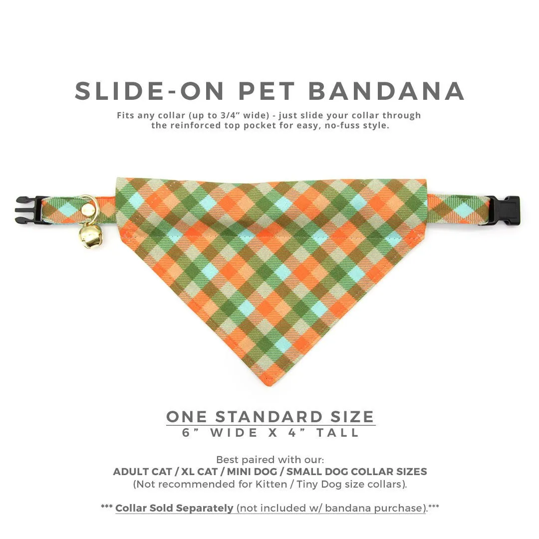 Pet Bandana - "Scenic Route" - Aqua, Green & Orange Plaid Bandana for Cat   Small Dog / Slide-on Bandana / Over-the-Collar (One Size)