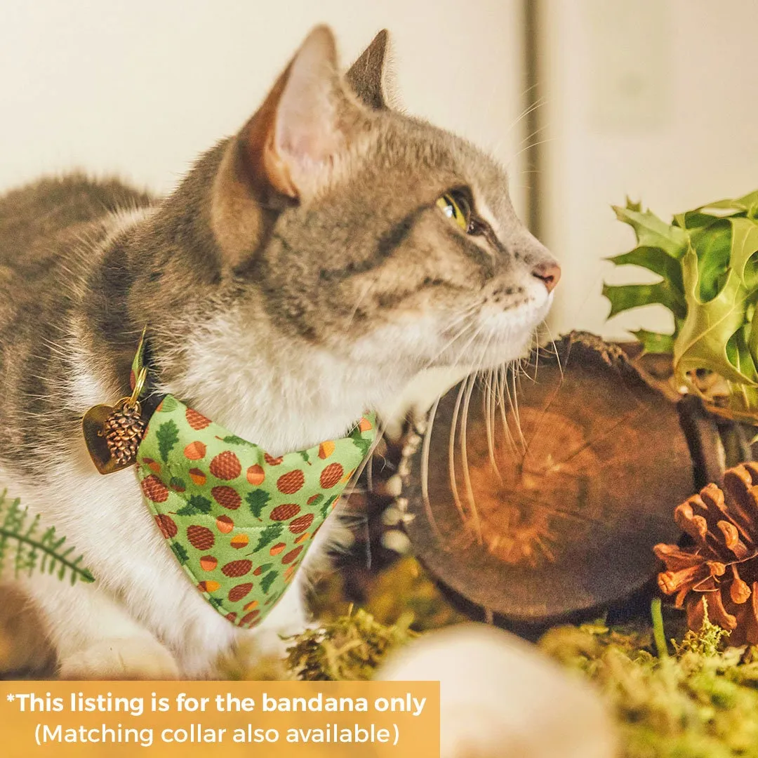 Pet Bandana - "Woodland - Moss" - Pine Cones, Leaves & Acorns Forest Green Bandana for Cat   Small Dog / Slide-on Bandana / Over-the-Collar (One Size)