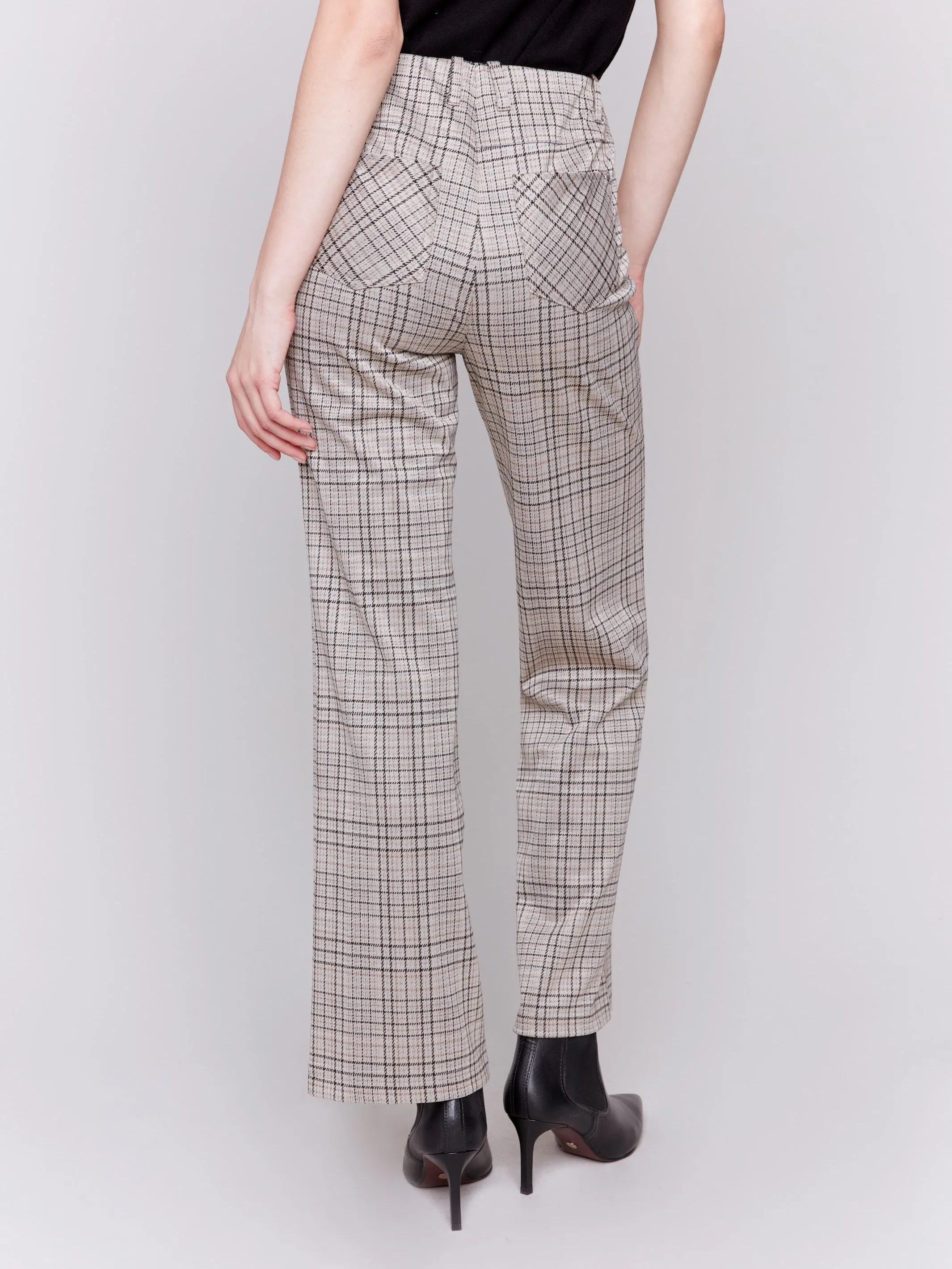 Plaid Ponte Pull-On Flare Pants - Almond