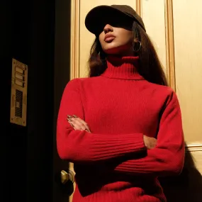 Pure Wool Polo neck jumper in brick red